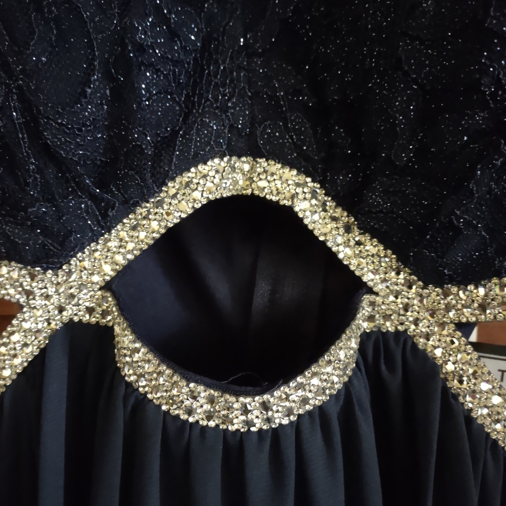 Navy Blue Long Halter top Evening gown, Sequin - Picture 7 of 10